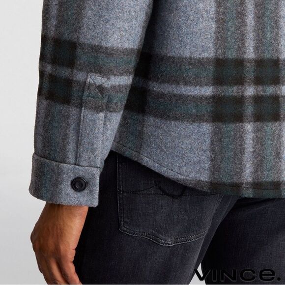 Vince **NWT** Heavy Knit Brushed Flannel Plaid Shirt Jacket in Heather Blue - Picture 6 of 16